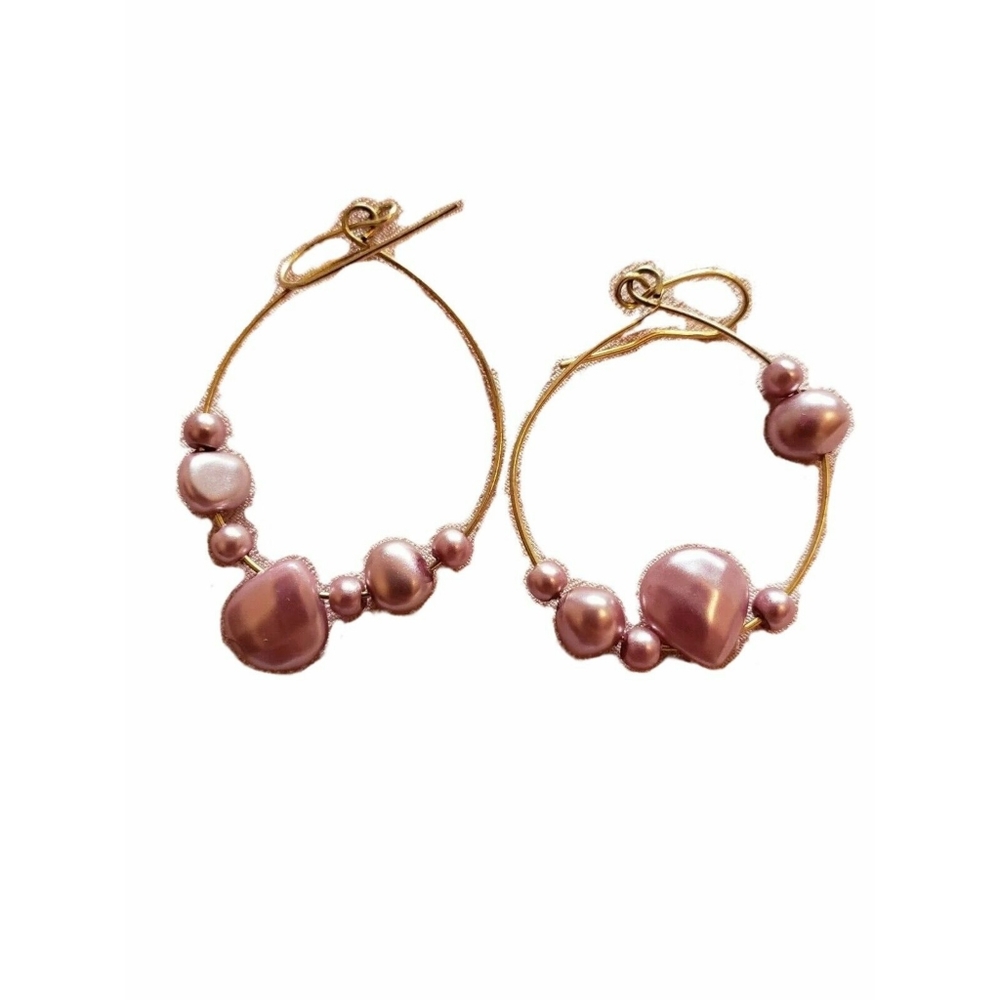 Goldtone Gold Mauve Blush Pink Stone Bead Wire Dangle Drop Hook Earrings